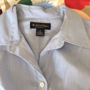 Brooks Brothers, blue and white striped, button up dress with black ribbon belt.